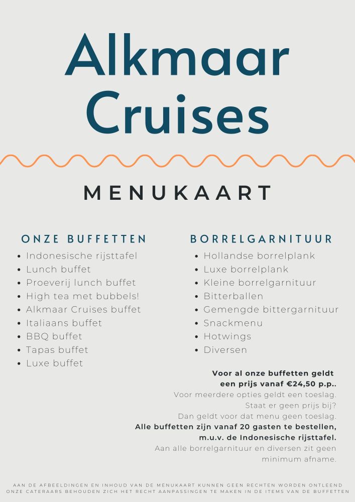 Menu for Alkmaar Cruises with buffet and snack options and pricing details.