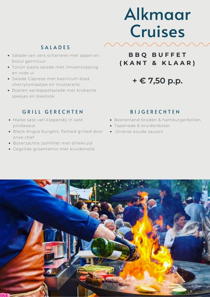 BBQ buffet menu with people serving food from a grill on a boat.