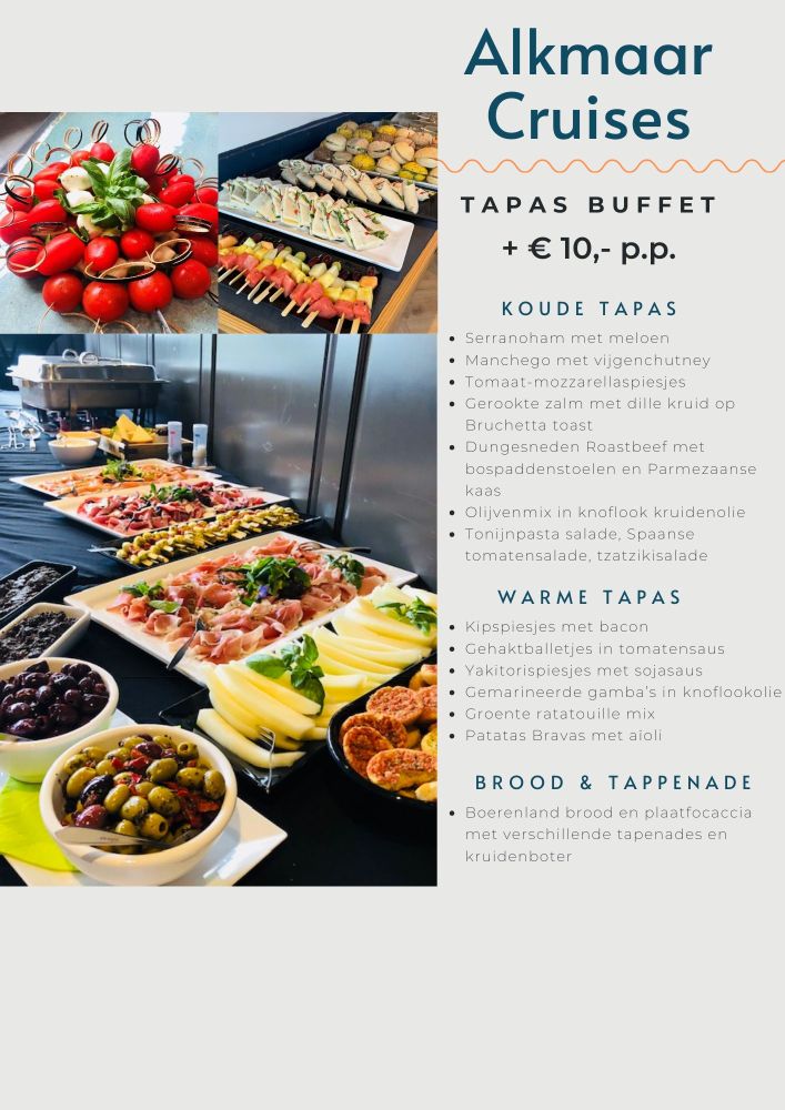 Tapas buffet advertisement with images of food platters and menu text.