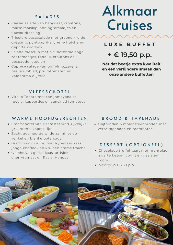 Menu flyer with salad, meat dish, main courses, bread, and optional dessert, priced at €19.50 p.p.