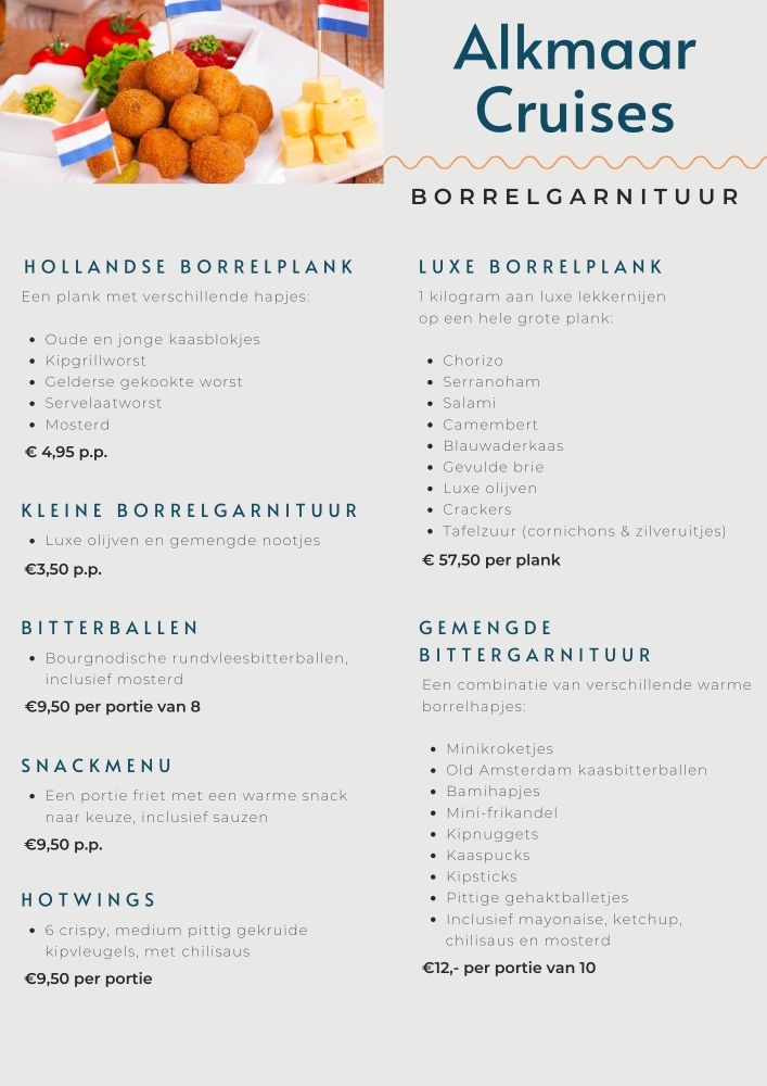 Dutch snack menu with assorted appetizers and prices on a cruise. Includes small photos of snacks.