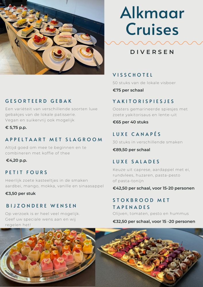 Table with assorted pastries and snacks from Alkmaar Cruises menu.