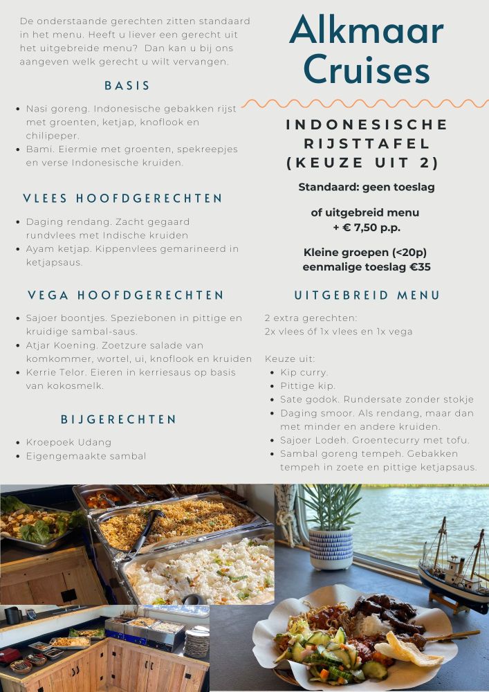 Flyer offering Indonesian Rijstaffel menu options for Alkmaar Cruises.