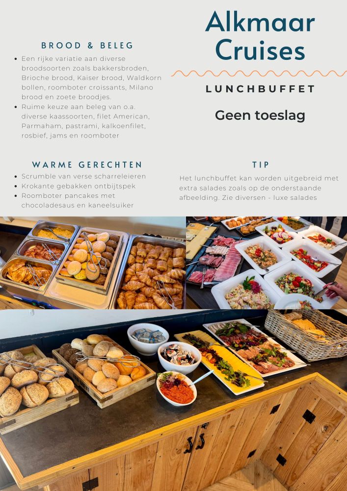 Menu with food images and text about lunch buffet options on Alkmaar Cruises.