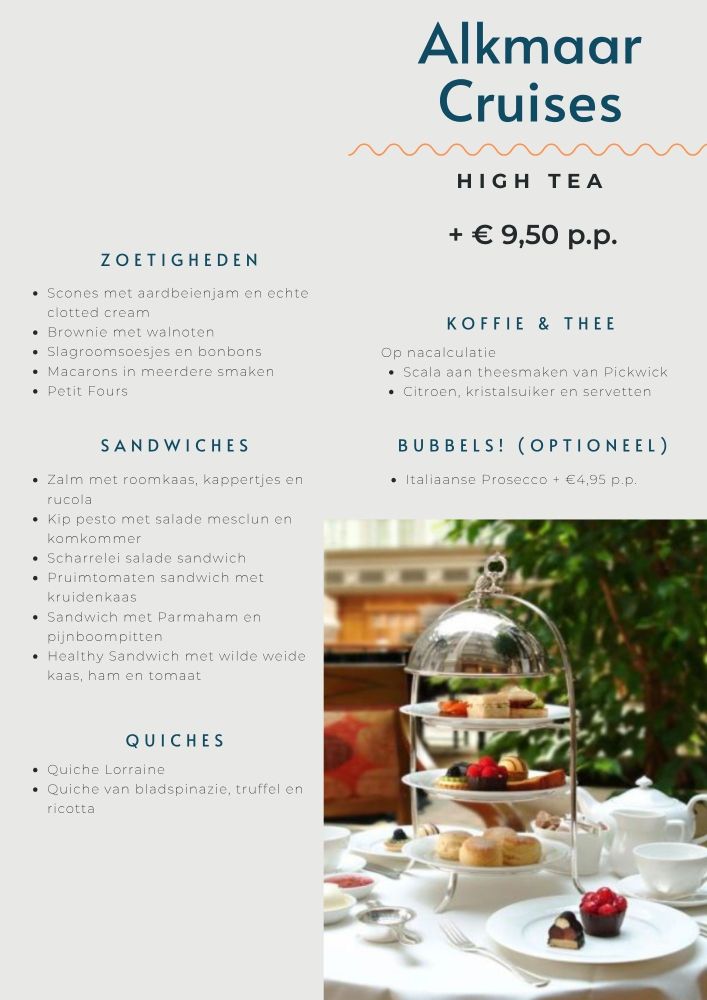 High tea menu with cruise details and table setting with tiered tray of pastries.