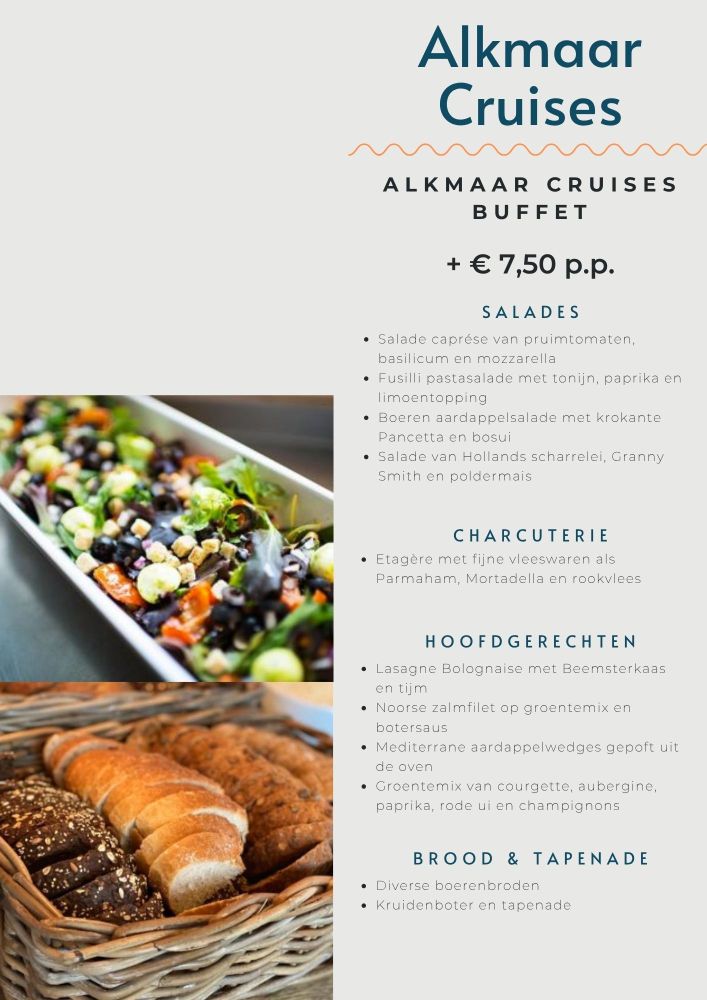 Menu with food images and Alkmaar Cruises title.
