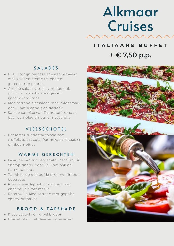 Menu titled 'Alkmaar Cruises', featuring salads, meats, warm dishes, and bread, with images of food and wine.